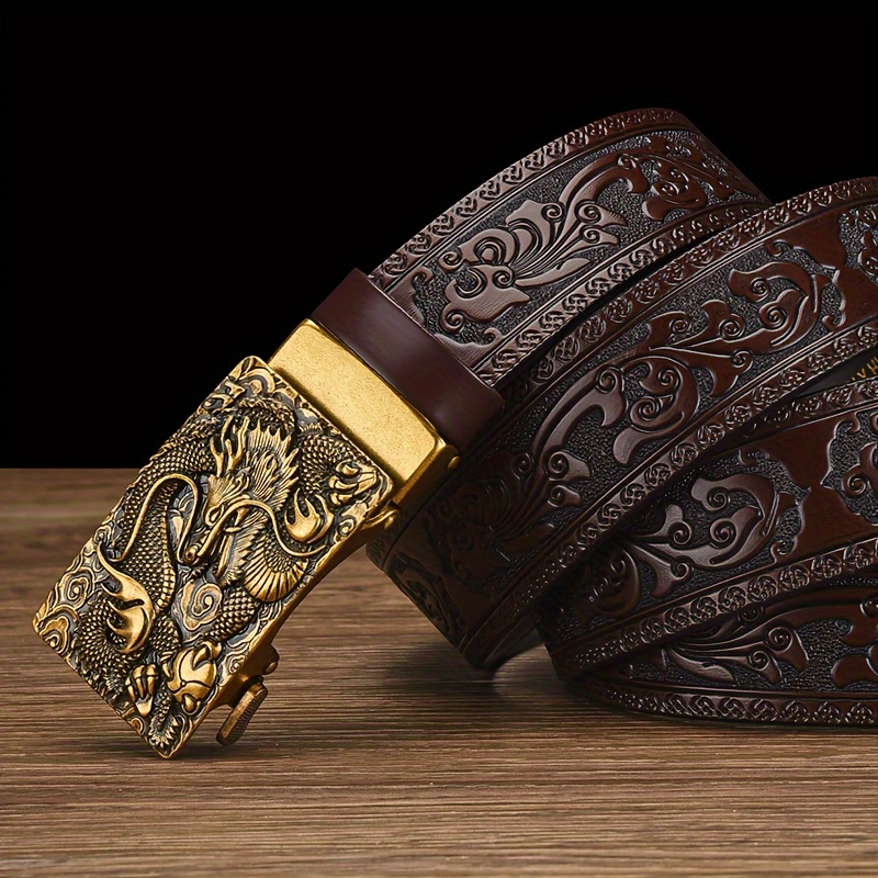 Dragon Head Leather Belt Men Intricate Carving Golden Buckle Brown Cowhide